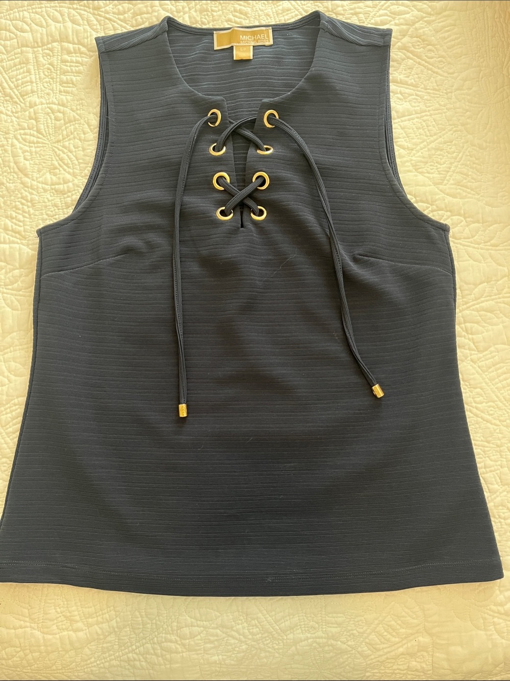 Michael Kors Blue Sleeveless Lace-Up Knit Tank with Gold Eyelets